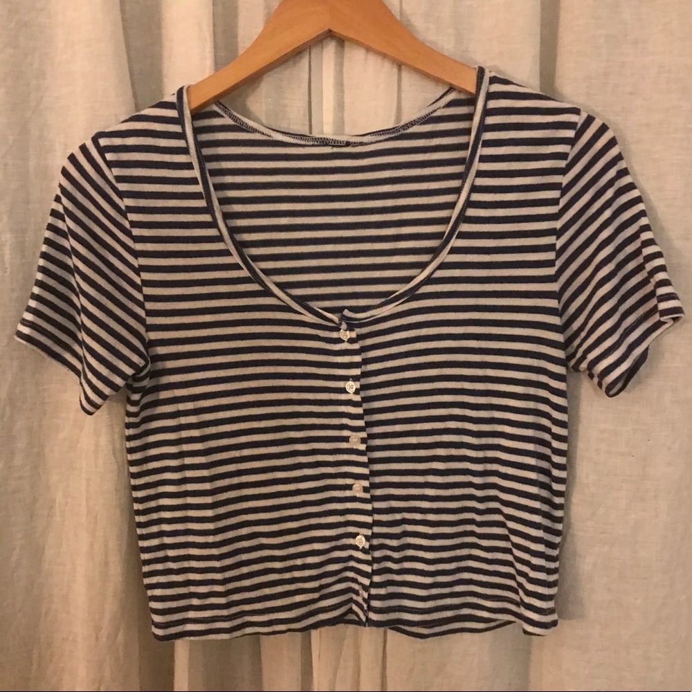 TOPSHOP blue/white stripe button scoop neck tee